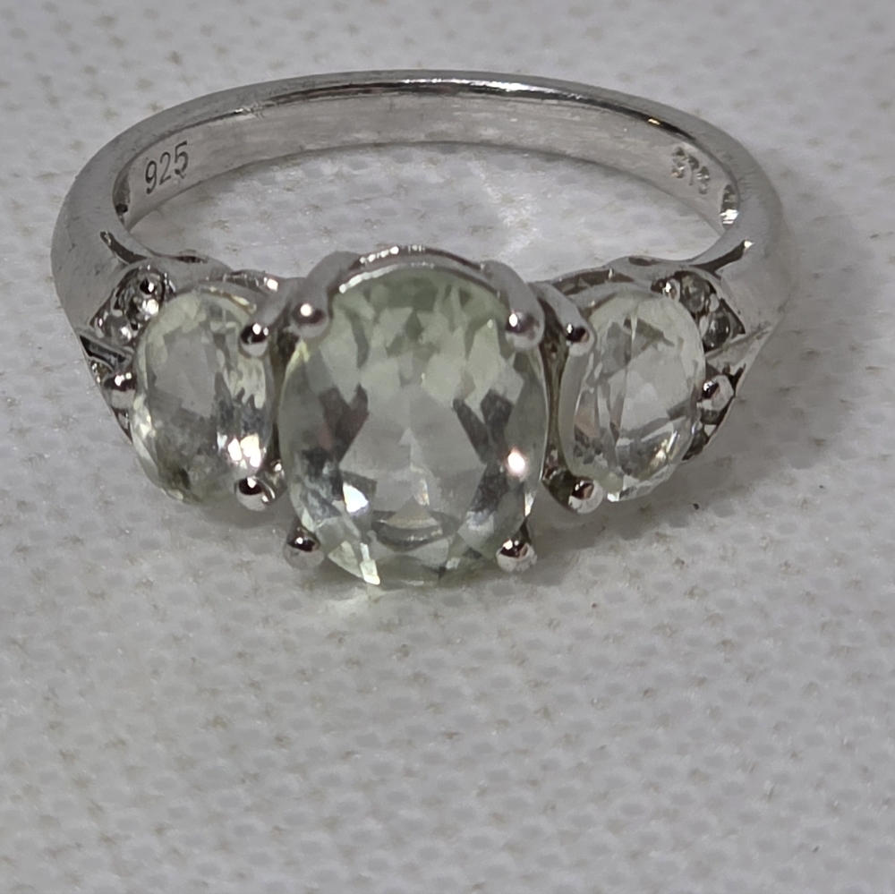 Designer Signed  Prasiolite And Diamond Accent Trilogy Ring